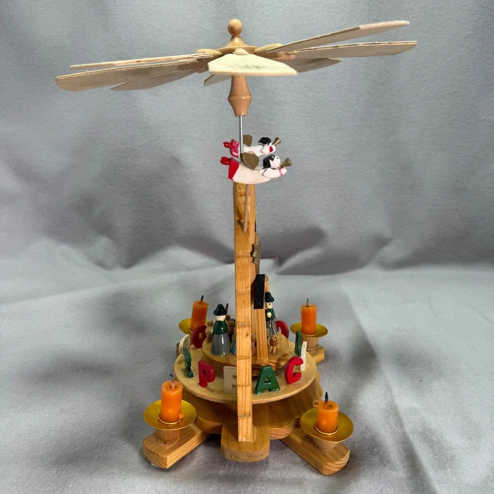 Holly Tree Nativity Carousel Single Tier Candle Tower Vintage Christmas Decor
